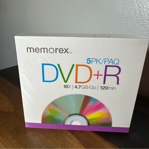 Memorex DVD Plus R 5 Pack 16X 4.7GB 120 Min Blank Recordable Discs